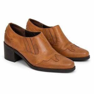 Markon Tan Leather Western Booties Pointed Toe Stacked Block Heel Size 8
